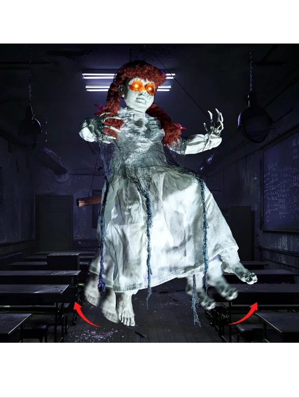 EUC LED Animated Halloween Red Haired Scary Swinging Haunted Zombie Girl!